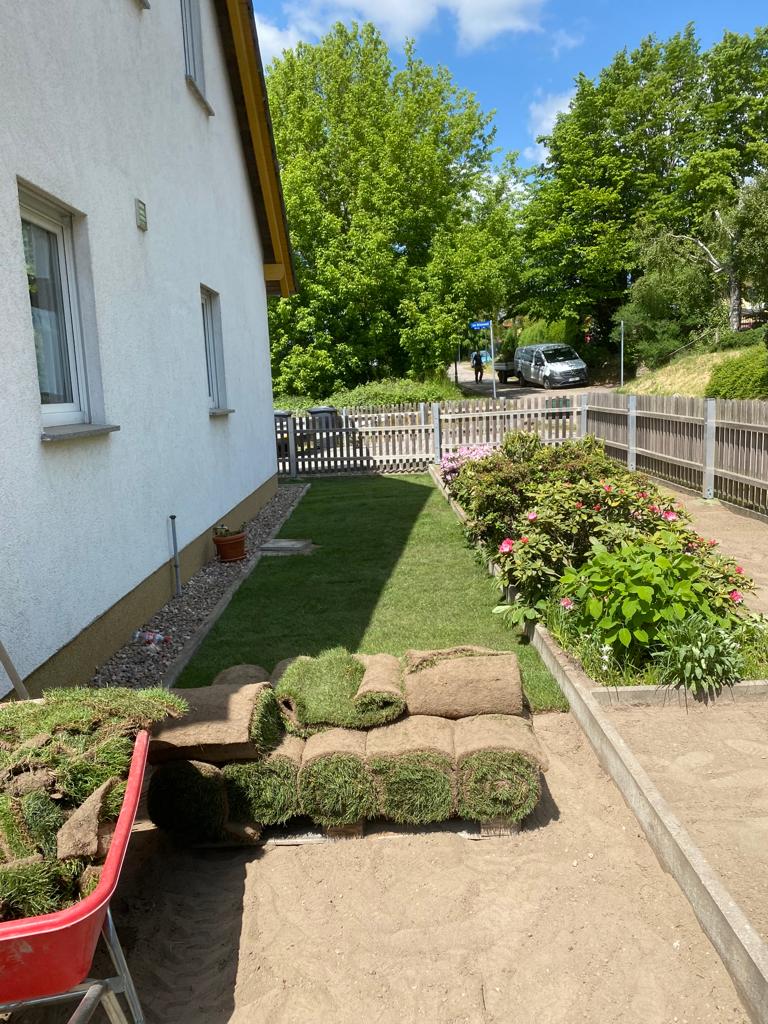 Gartenanlage mit Rollrasen und Beeteinfassung